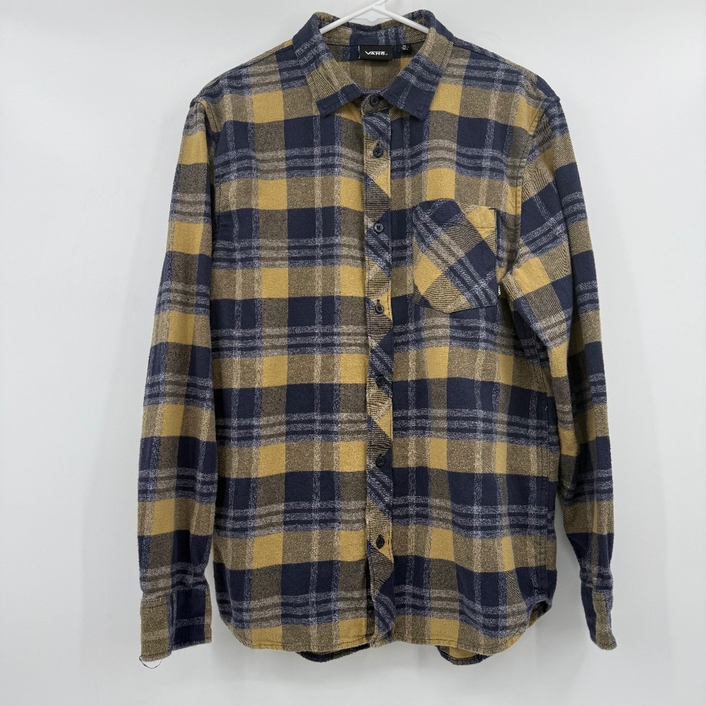Vans Shirt Men Medium Yellow Blue Plaid Flannel Long Sleeve Button Up Cotton
